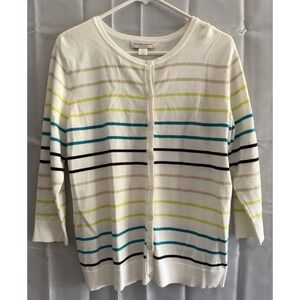 Christopher & Banks White Cardigan Womens Stripes Petite L Sweater Button